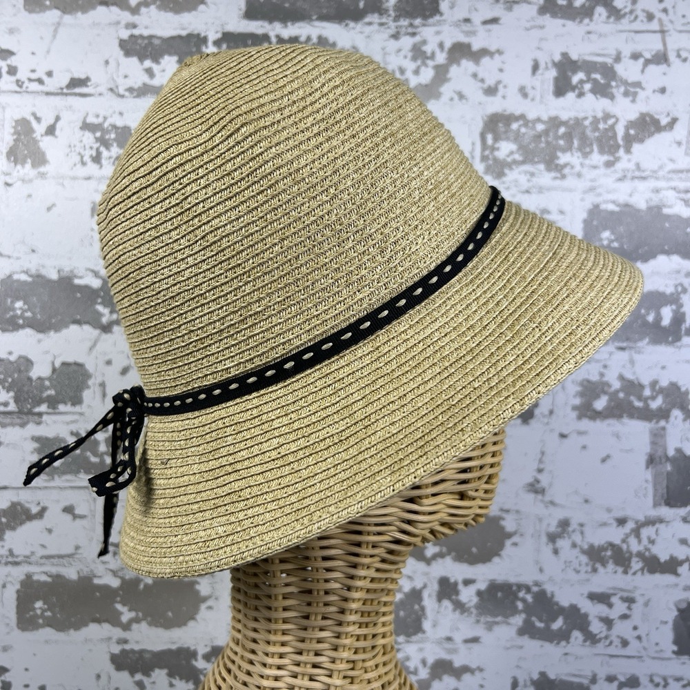 April Cornell Straw Hat Small Brim Black Stitched Band Fedora/Cloche Coastal 7"